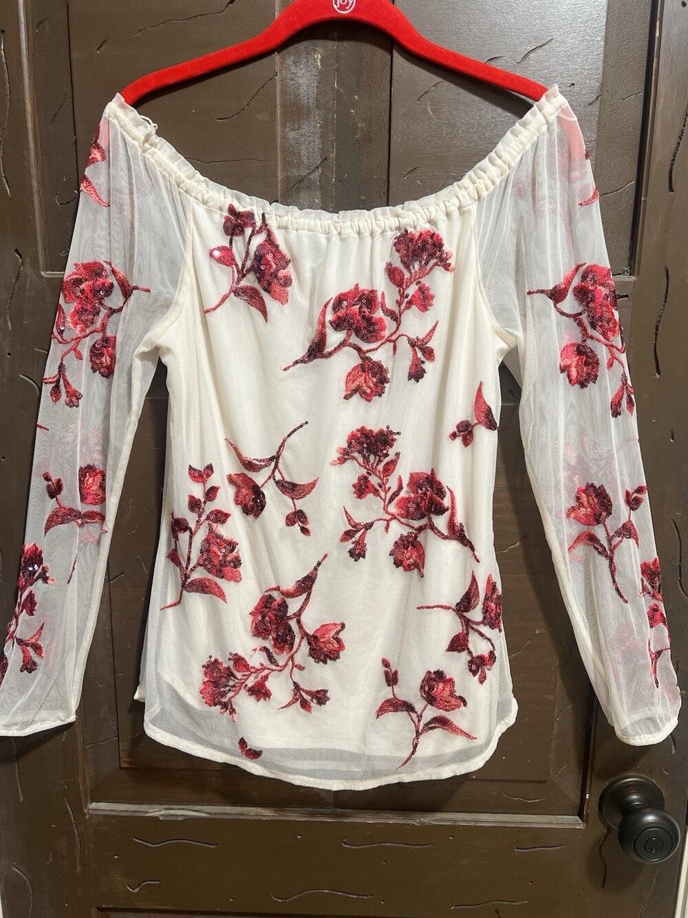 White House Black Market Pink Floral Sequin Off-the-shoulder Top XS Embroidered